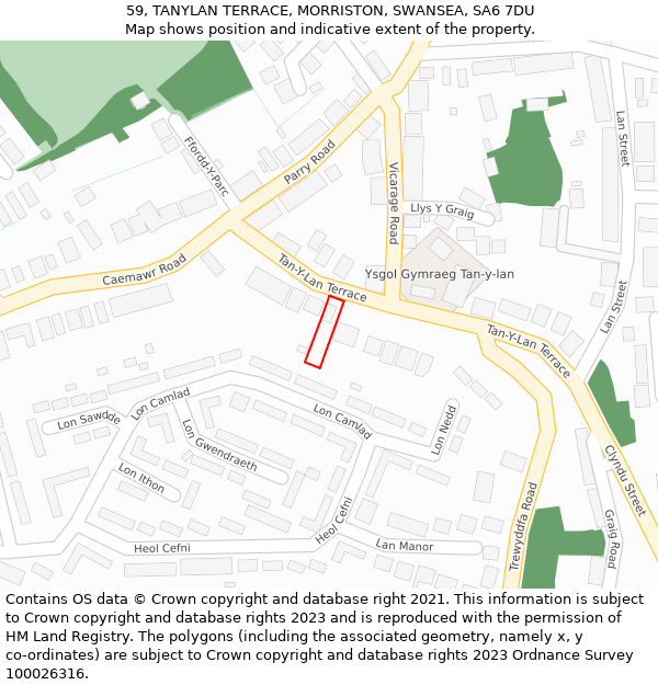 59, TANYLAN TERRACE, MORRISTON, SWANSEA, SA6 7DU: Location map and indicative extent of plot