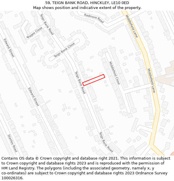 59, TEIGN BANK ROAD, HINCKLEY, LE10 0ED: Location map and indicative extent of plot