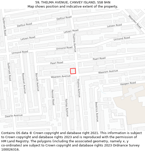 59, THELMA AVENUE, CANVEY ISLAND, SS8 9AN: Location map and indicative extent of plot