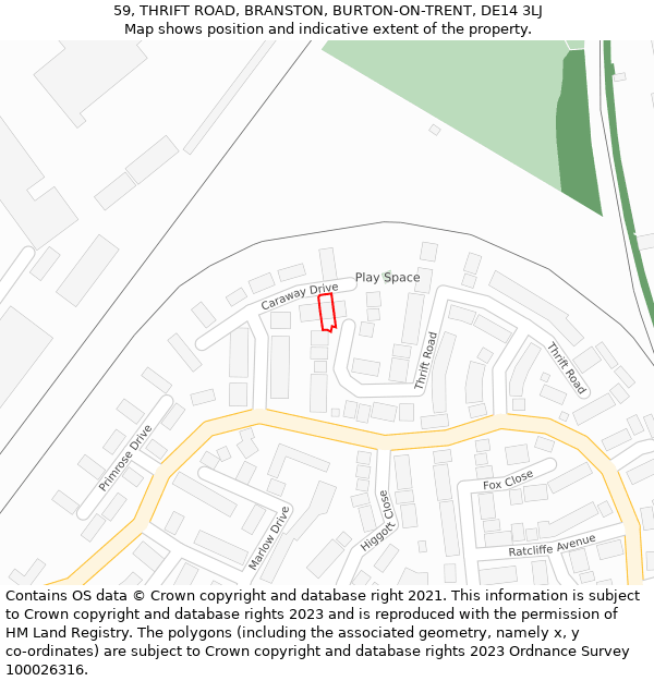 59, THRIFT ROAD, BRANSTON, BURTON-ON-TRENT, DE14 3LJ: Location map and indicative extent of plot