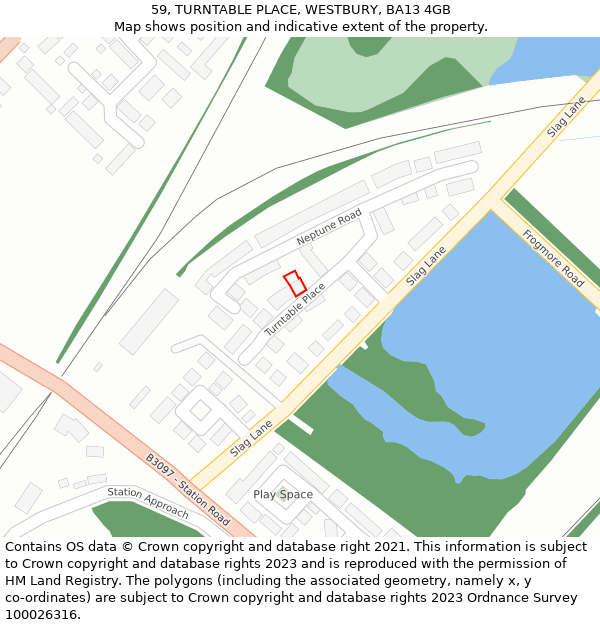 59, TURNTABLE PLACE, WESTBURY, BA13 4GB: Location map and indicative extent of plot