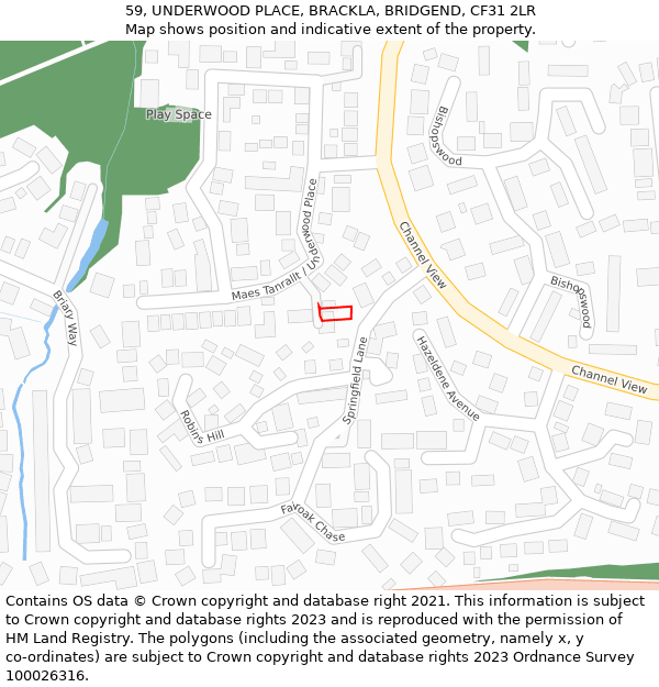 59, UNDERWOOD PLACE, BRACKLA, BRIDGEND, CF31 2LR: Location map and indicative extent of plot