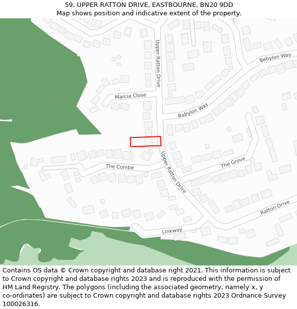 59, UPPER RATTON DRIVE, EASTBOURNE, BN20 9DD: Location map and indicative extent of plot