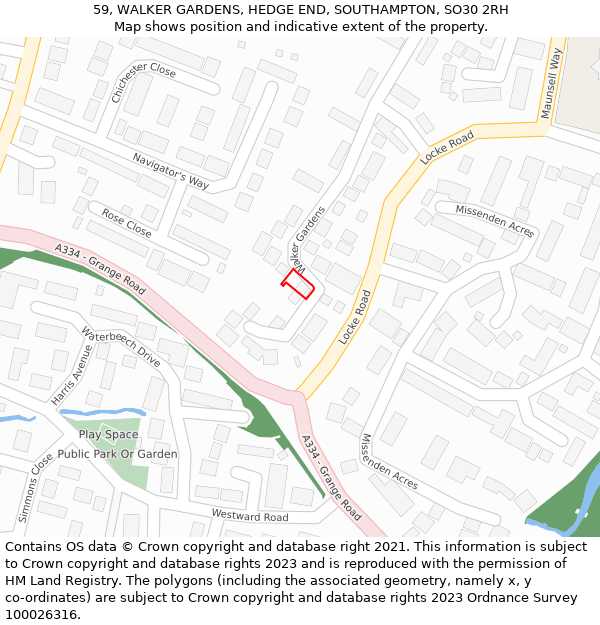 59, WALKER GARDENS, HEDGE END, SOUTHAMPTON, SO30 2RH: Location map and indicative extent of plot