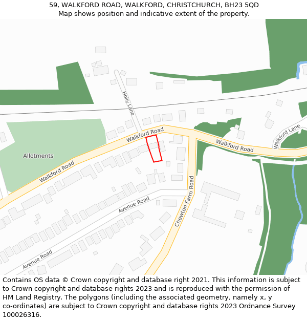 59, WALKFORD ROAD, WALKFORD, CHRISTCHURCH, BH23 5QD: Location map and indicative extent of plot
