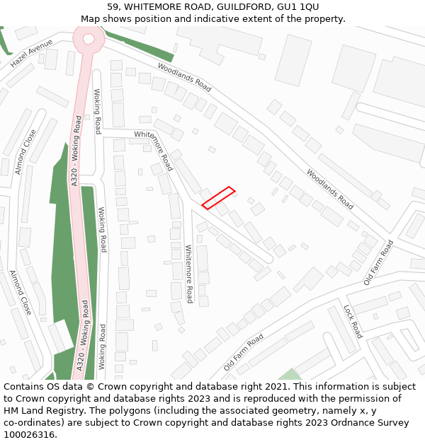 59, WHITEMORE ROAD, GUILDFORD, GU1 1QU: Location map and indicative extent of plot