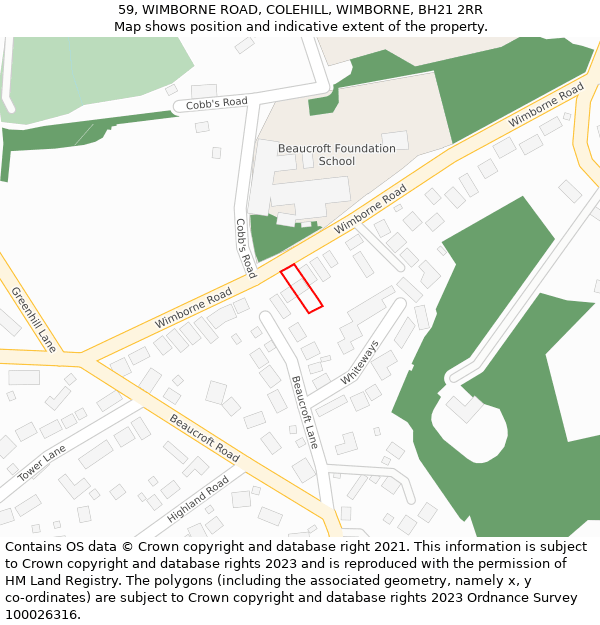 59, WIMBORNE ROAD, COLEHILL, WIMBORNE, BH21 2RR: Location map and indicative extent of plot