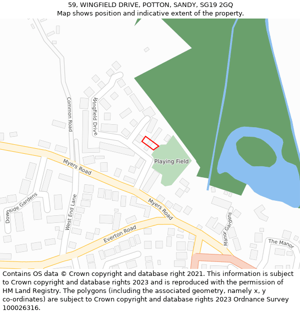 59, WINGFIELD DRIVE, POTTON, SANDY, SG19 2GQ: Location map and indicative extent of plot