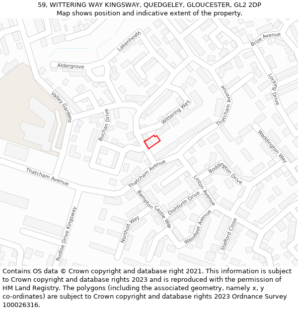 59, WITTERING WAY KINGSWAY, QUEDGELEY, GLOUCESTER, GL2 2DP: Location map and indicative extent of plot