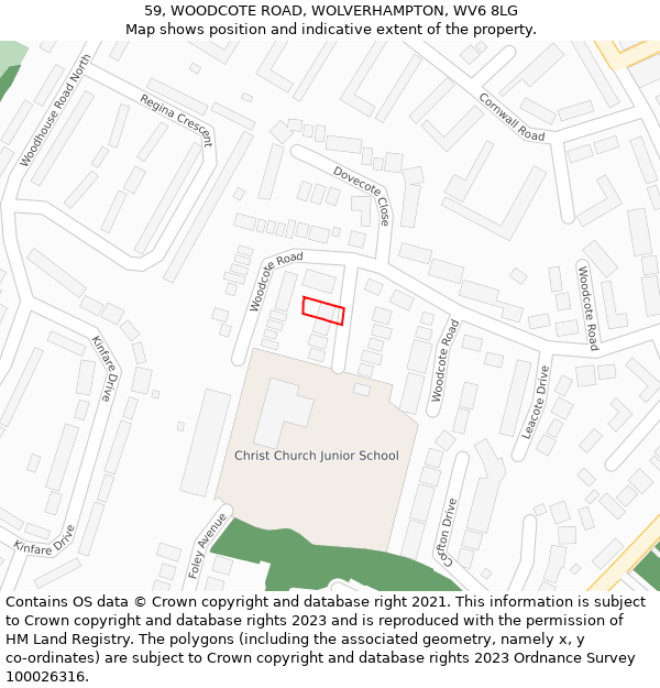 59, WOODCOTE ROAD, WOLVERHAMPTON, WV6 8LG: Location map and indicative extent of plot