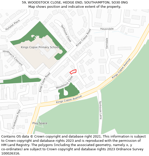 59, WOODSTOCK CLOSE, HEDGE END, SOUTHAMPTON, SO30 0NG: Location map and indicative extent of plot