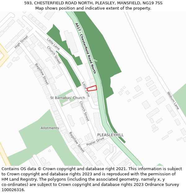 593, CHESTERFIELD ROAD NORTH, PLEASLEY, MANSFIELD, NG19 7SS: Location map and indicative extent of plot