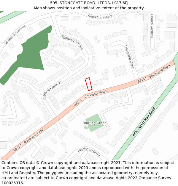 595, STONEGATE ROAD, LEEDS, LS17 6EJ: Location map and indicative extent of plot