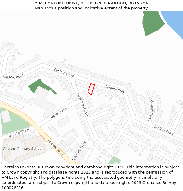 59A, CANFORD DRIVE, ALLERTON, BRADFORD, BD15 7AX: Location map and indicative extent of plot