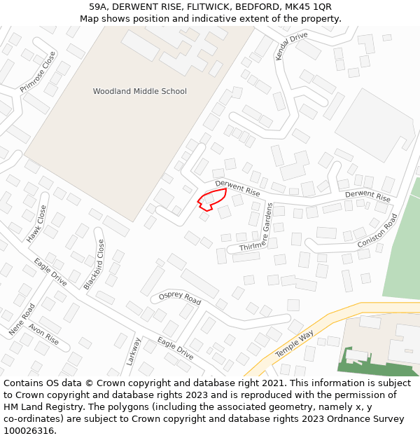 59A, DERWENT RISE, FLITWICK, BEDFORD, MK45 1QR: Location map and indicative extent of plot