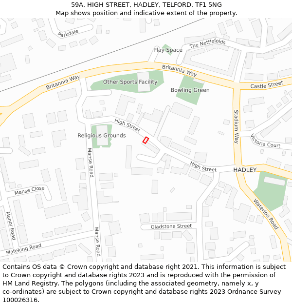 59A, HIGH STREET, HADLEY, TELFORD, TF1 5NG: Location map and indicative extent of plot