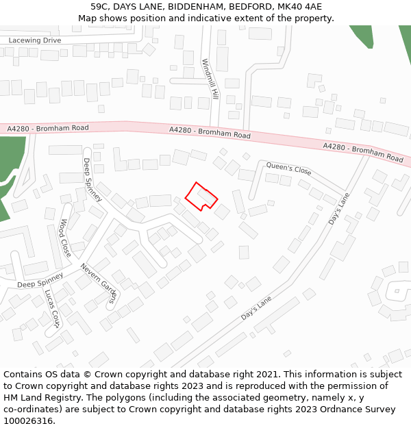 59C, DAYS LANE, BIDDENHAM, BEDFORD, MK40 4AE: Location map and indicative extent of plot