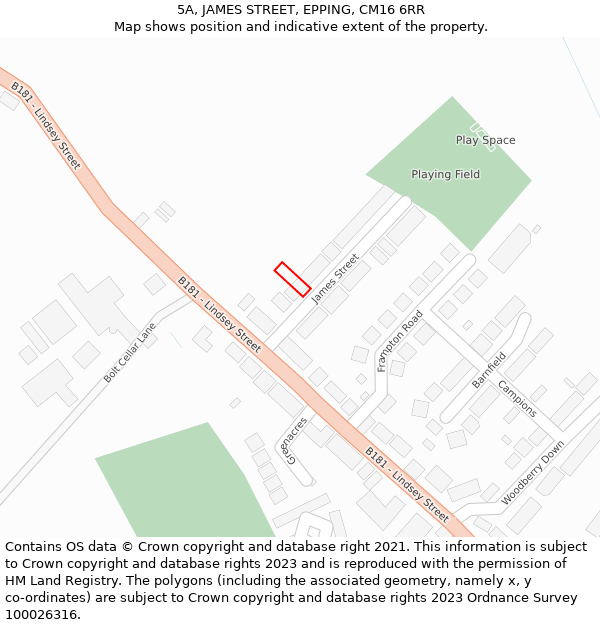 5A, JAMES STREET, EPPING, CM16 6RR: Location map and indicative extent of plot