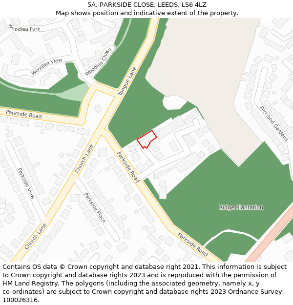 5A, PARKSIDE CLOSE, LEEDS, LS6 4LZ: Location map and indicative extent of plot