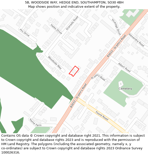 5B, WOODSIDE WAY, HEDGE END, SOUTHAMPTON, SO30 4BH: Location map and indicative extent of plot