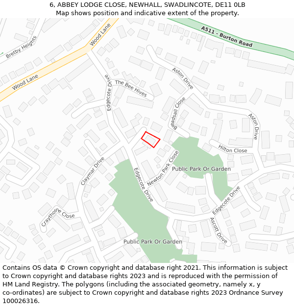 6, ABBEY LODGE CLOSE, NEWHALL, SWADLINCOTE, DE11 0LB: Location map and indicative extent of plot