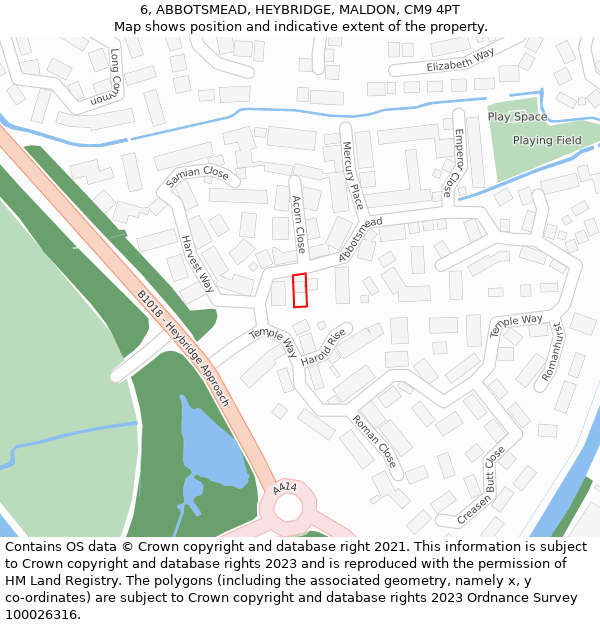 6, ABBOTSMEAD, HEYBRIDGE, MALDON, CM9 4PT: Location map and indicative extent of plot