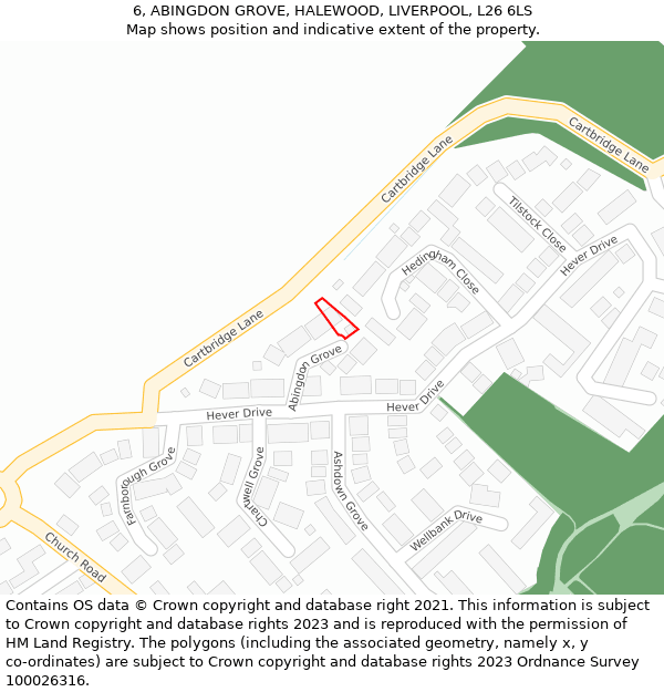 6, ABINGDON GROVE, HALEWOOD, LIVERPOOL, L26 6LS: Location map and indicative extent of plot