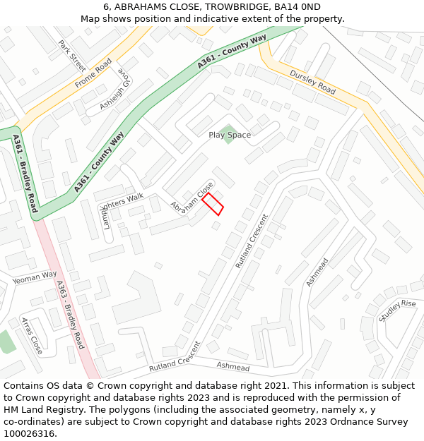 6, ABRAHAMS CLOSE, TROWBRIDGE, BA14 0ND: Location map and indicative extent of plot