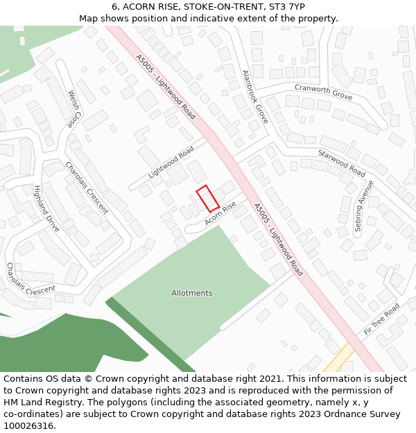 6, ACORN RISE, STOKE-ON-TRENT, ST3 7YP: Location map and indicative extent of plot