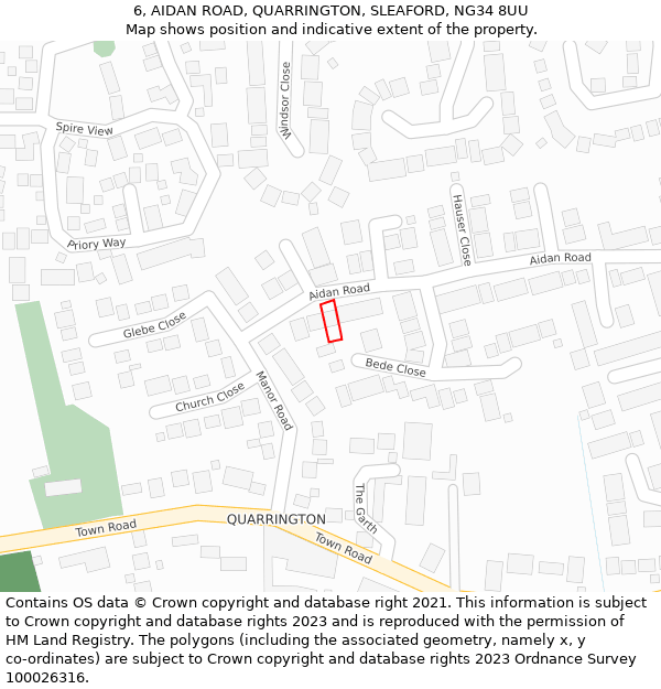 6, AIDAN ROAD, QUARRINGTON, SLEAFORD, NG34 8UU: Location map and indicative extent of plot