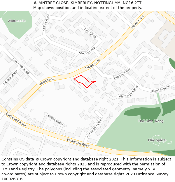 6, AINTREE CLOSE, KIMBERLEY, NOTTINGHAM, NG16 2TT: Location map and indicative extent of plot