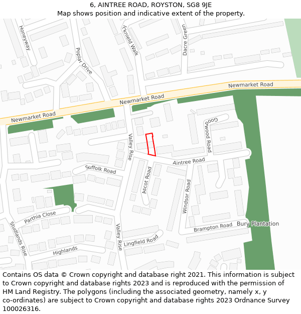 6, AINTREE ROAD, ROYSTON, SG8 9JE: Location map and indicative extent of plot