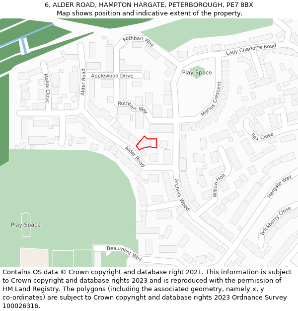 6, ALDER ROAD, HAMPTON HARGATE, PETERBOROUGH, PE7 8BX: Location map and indicative extent of plot