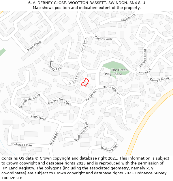 6, ALDERNEY CLOSE, WOOTTON BASSETT, SWINDON, SN4 8LU: Location map and indicative extent of plot