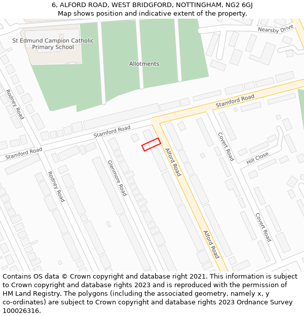 6, ALFORD ROAD, WEST BRIDGFORD, NOTTINGHAM, NG2 6GJ: Location map and indicative extent of plot