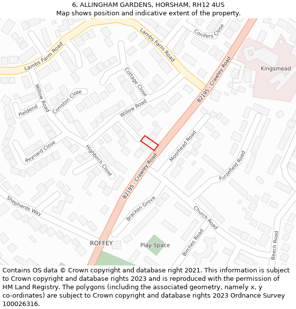 6, ALLINGHAM GARDENS, HORSHAM, RH12 4US: Location map and indicative extent of plot