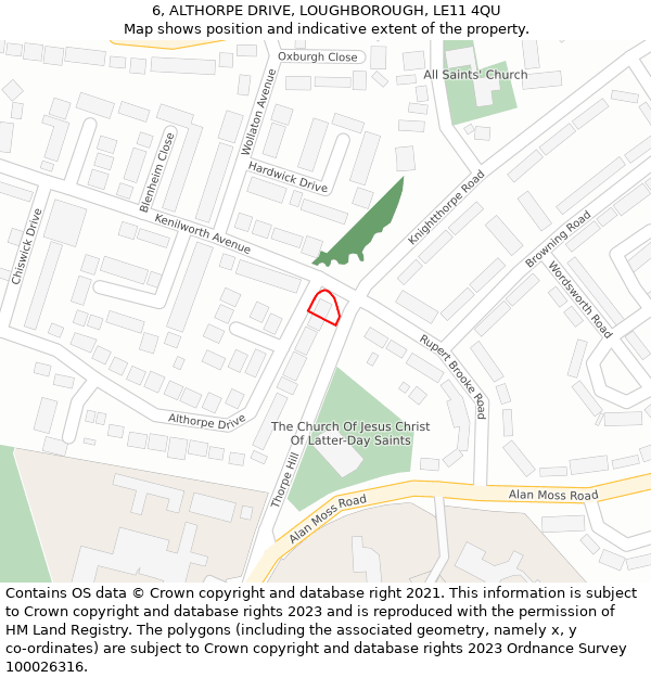 6, ALTHORPE DRIVE, LOUGHBOROUGH, LE11 4QU: Location map and indicative extent of plot