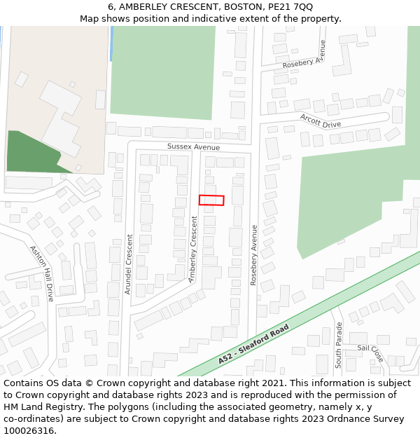 6, AMBERLEY CRESCENT, BOSTON, PE21 7QQ: Location map and indicative extent of plot