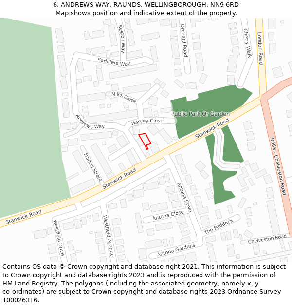 6, ANDREWS WAY, RAUNDS, WELLINGBOROUGH, NN9 6RD: Location map and indicative extent of plot