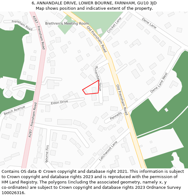 6, ANNANDALE DRIVE, LOWER BOURNE, FARNHAM, GU10 3JD: Location map and indicative extent of plot