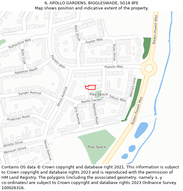 6, APOLLO GARDENS, BIGGLESWADE, SG18 8FE: Location map and indicative extent of plot