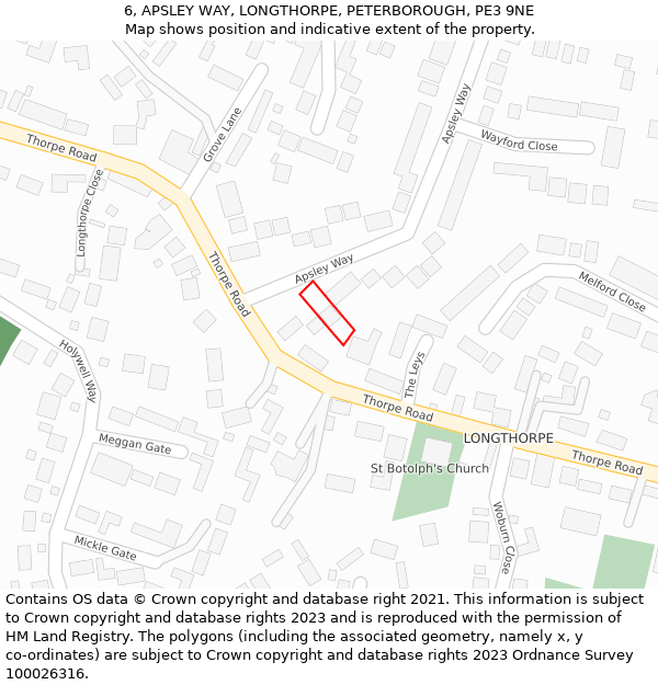 6, APSLEY WAY, LONGTHORPE, PETERBOROUGH, PE3 9NE: Location map and indicative extent of plot