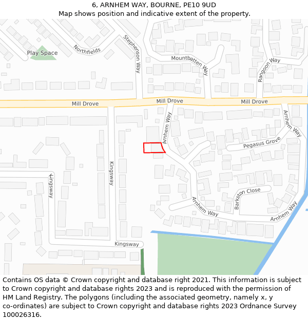 6, ARNHEM WAY, BOURNE, PE10 9UD: Location map and indicative extent of plot