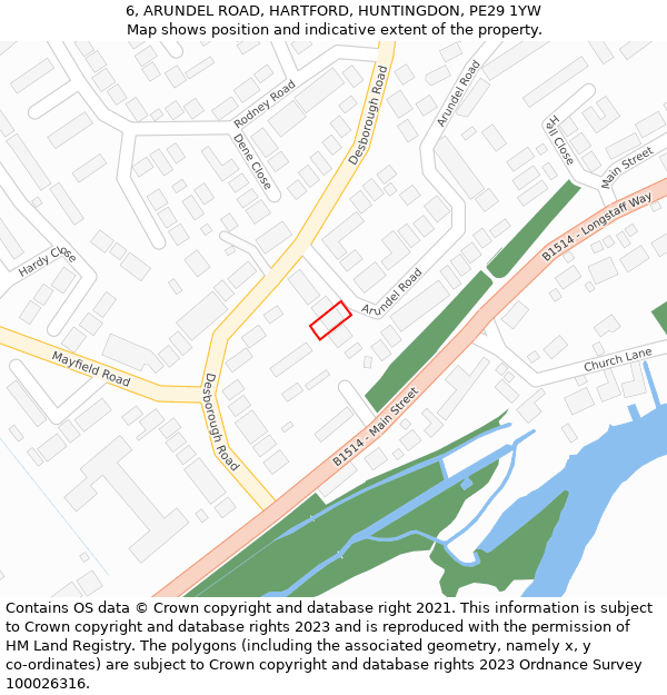 6, ARUNDEL ROAD, HARTFORD, HUNTINGDON, PE29 1YW: Location map and indicative extent of plot