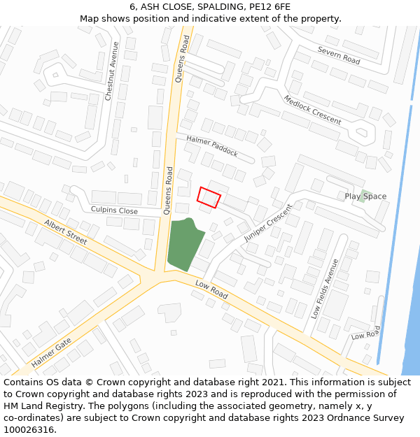 6, ASH CLOSE, SPALDING, PE12 6FE: Location map and indicative extent of plot