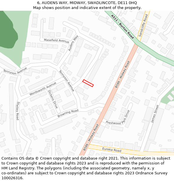 6, AUDENS WAY, MIDWAY, SWADLINCOTE, DE11 0HQ: Location map and indicative extent of plot