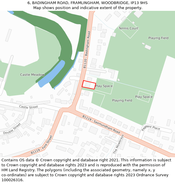 6, BADINGHAM ROAD, FRAMLINGHAM, WOODBRIDGE, IP13 9HS: Location map and indicative extent of plot
