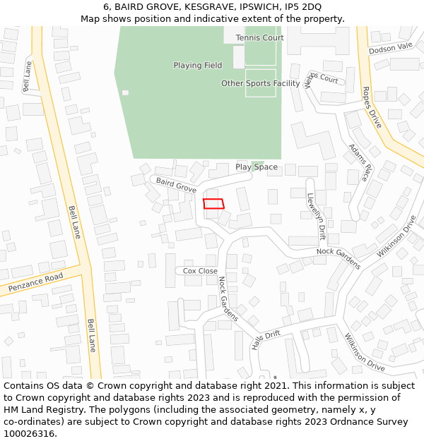 6, BAIRD GROVE, KESGRAVE, IPSWICH, IP5 2DQ: Location map and indicative extent of plot