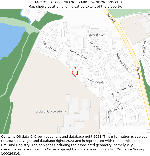6, BANCROFT CLOSE, GRANGE PARK, SWINDON, SN5 6HB: Location map and indicative extent of plot