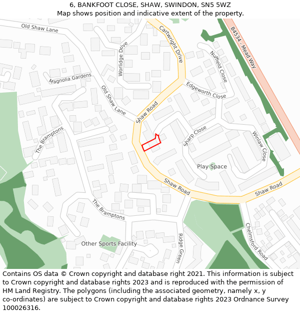 6, BANKFOOT CLOSE, SHAW, SWINDON, SN5 5WZ: Location map and indicative extent of plot